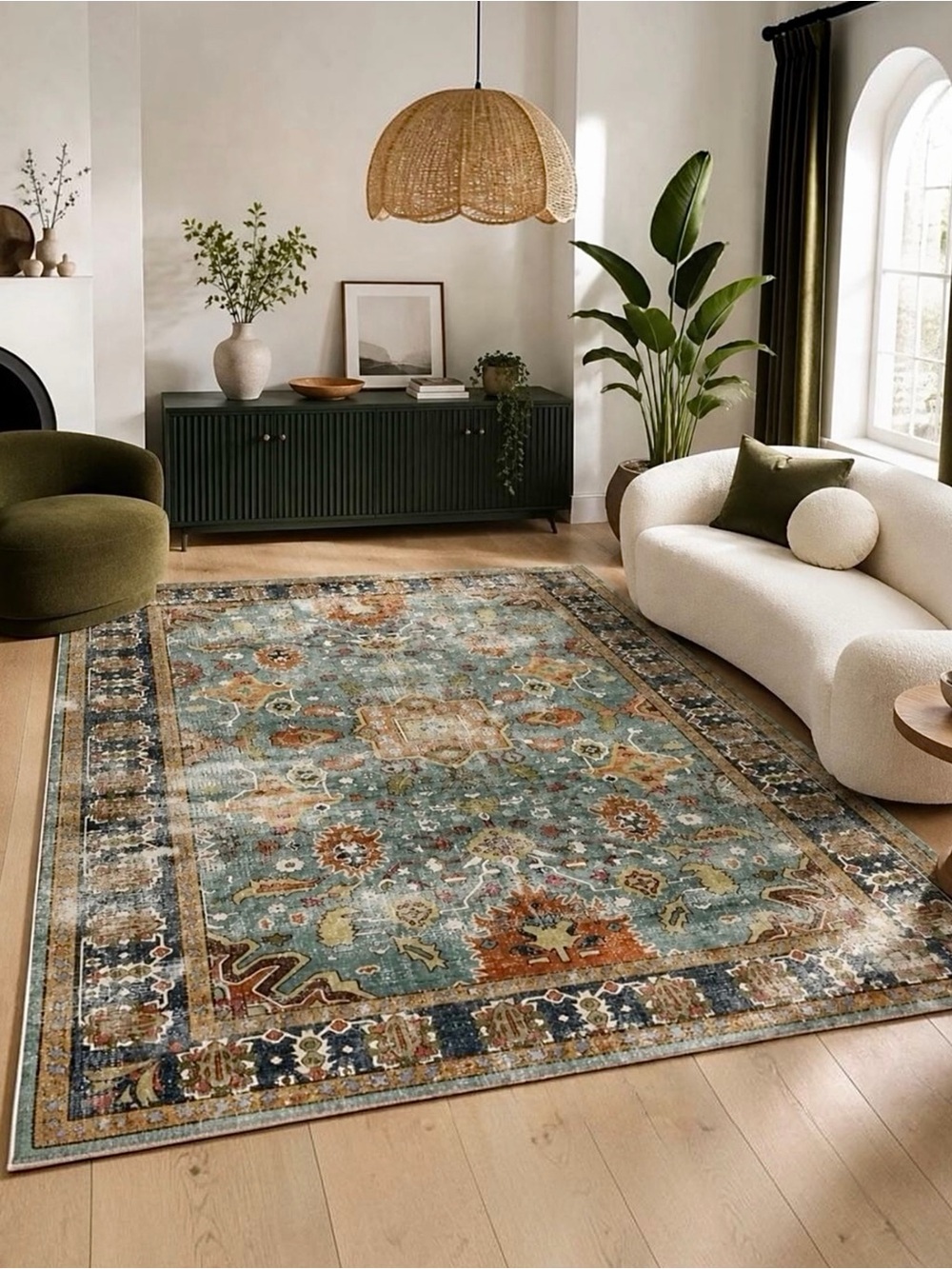 NEW Anthropologie Blue Moroccan Floral Boho Washable Area Rug Carpet - 5' x 7'